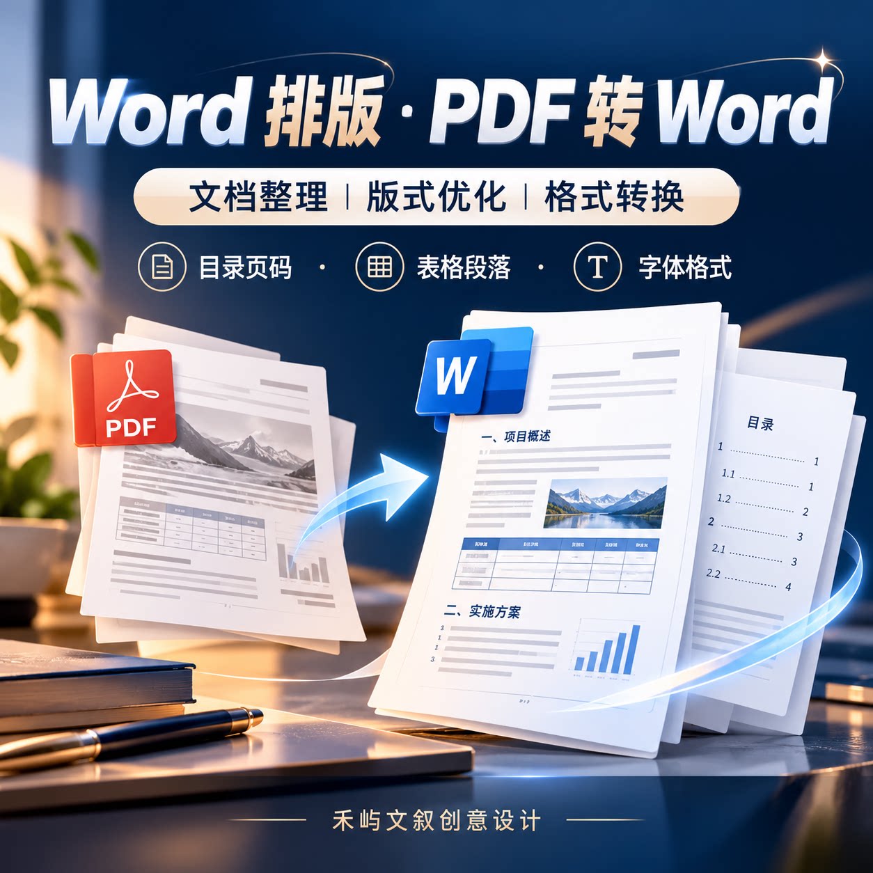 Word排版 PDF转Word 文档格式整理 目录页码表格调整资料报告排版