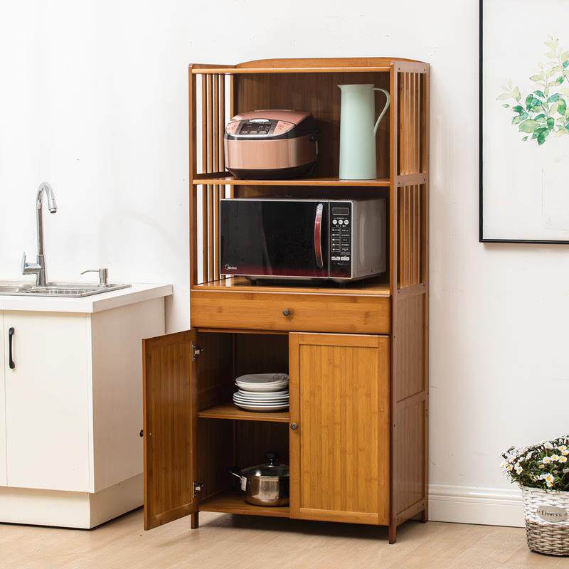 厨房置物架竹微波炉架子落地柜简易碗柜收纳储物柜柜实木置碗橱物