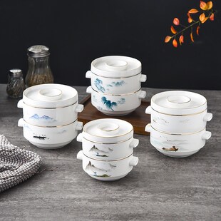 餐厅意境菜双层点心蒸盅位上陶瓷汤羹碗中式早餐汤盅鸡蛋羹小炖盅