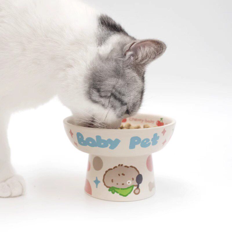 年糕童趣碗陶瓷猫碗平口碗猫咪狗狗高脚护颈椎吃饭用品饭盆饭碗