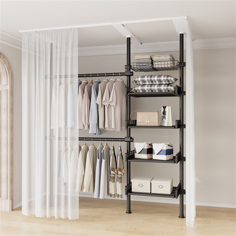 衣帽架落地卧室简易衣帽架顶天立地置衣架衣柜防尘转角金属挂衣架