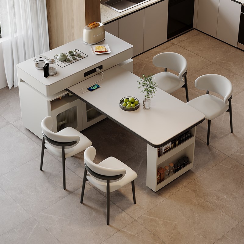 现代意式简约多功能一体旋转岩板岛台餐桌小户型可伸缩餐桌椅组合