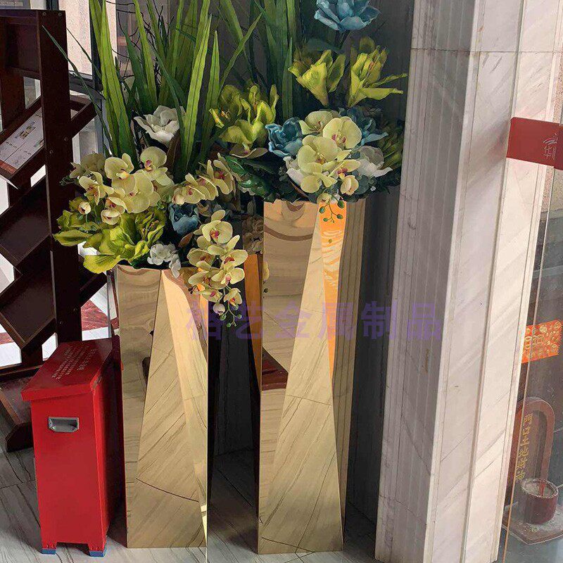 不锈钢花瓶 金属八角花器 镜面花盆 电镀香槟金 写字楼 颜色可选