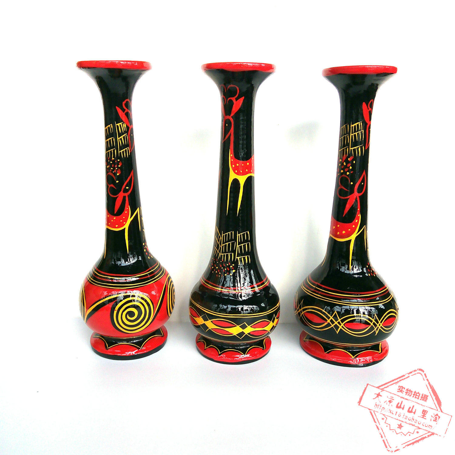 凉山彝族漆器实木花瓶 民间漆器彩绘纯手工艺品特色长劲 花瓶摆件