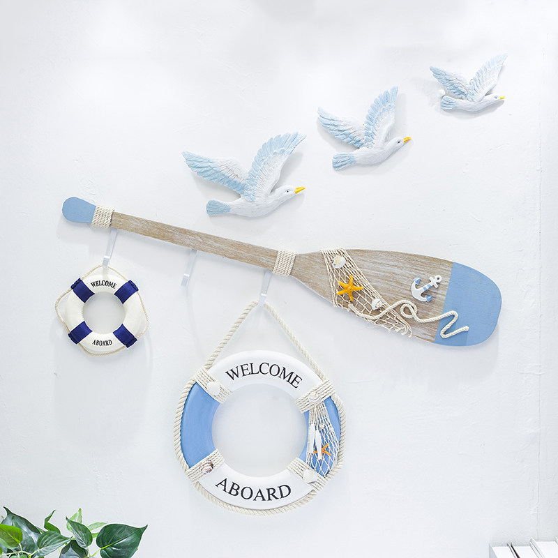 地中海风格复古做旧80CM船桨挂钩墙面装饰挂件儿童房客餐厅背景墙