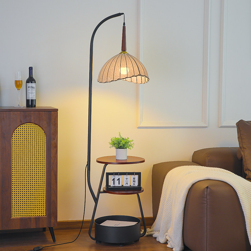 法式落地灯客厅卧室沙发置物架台灯复古寂氛围风一体床头柜中古侘