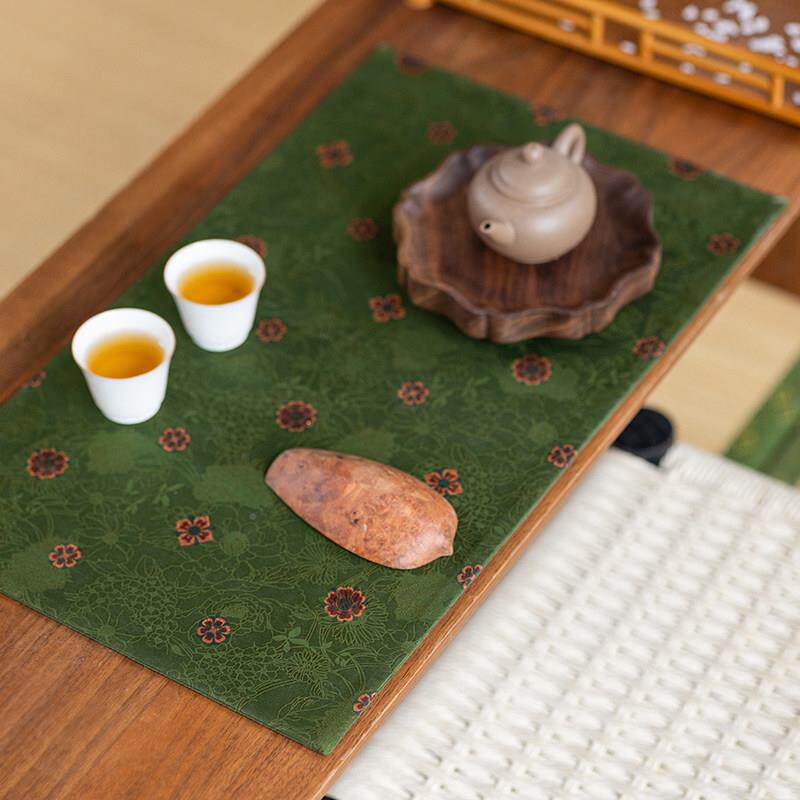 中式高档云纱茶席绿底团XZG宝相香纹花桌垫茶茶具隔热防磕碰干泡