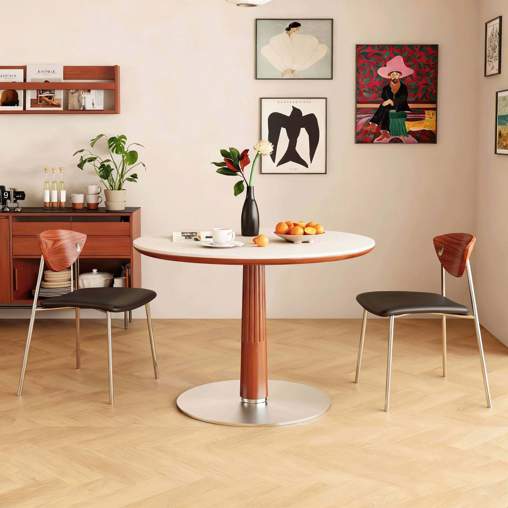 严奢中古风餐桌洽谈日式实木饭桌家用小户型岩板圆形餐桌椅子一套