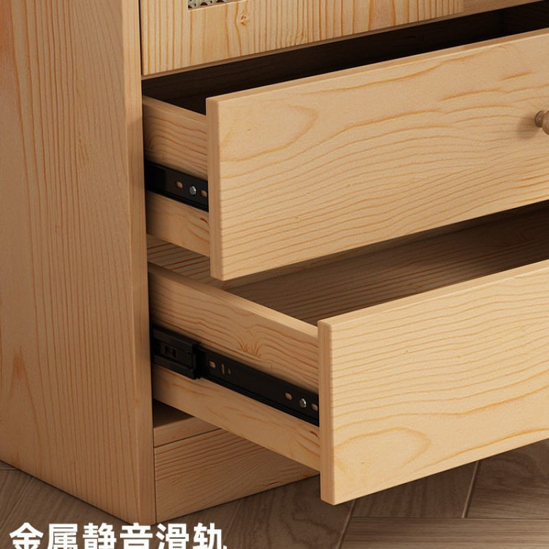 全实木原木衣柜家用卧室北欧两三门藤编衣橱经济型松木储物柜
