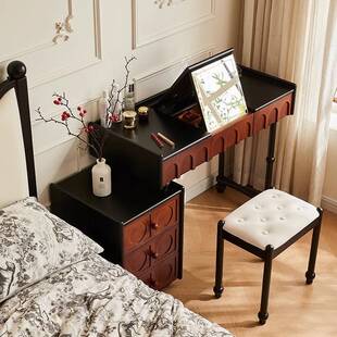 恒沃 法式中古梳妆台二合一书桌化妆桌实木翻盖梳妆台床头柜一体