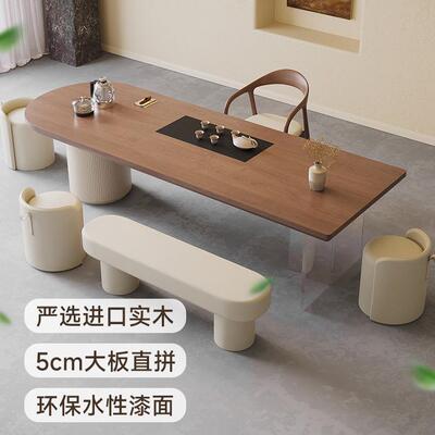 现办代简合约实木泡茶台原茶木大板桌椅组圆LQM桶亚克力家用公室