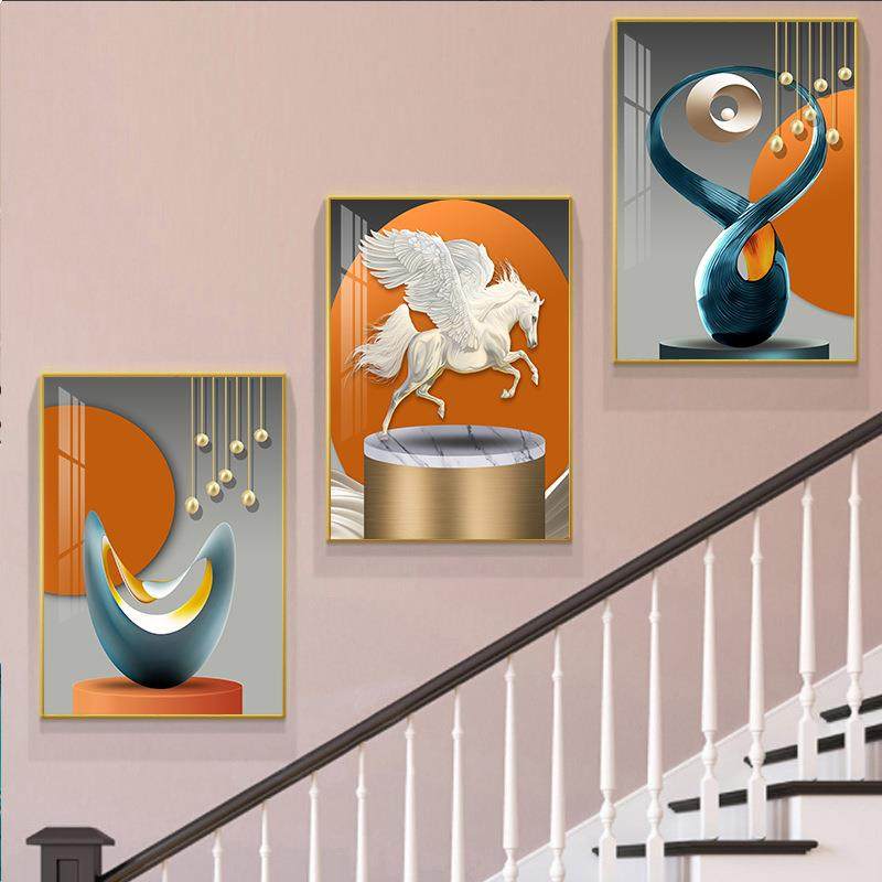 复式楼梯玄口间装饰YYT画现代约楼道三联挂画厅关走简廊过道墙客