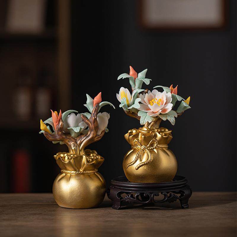 祥招财福袋陶瓷手工捏花仿真花OSI盆摆栽瓷花件客厅吉物装饰品开