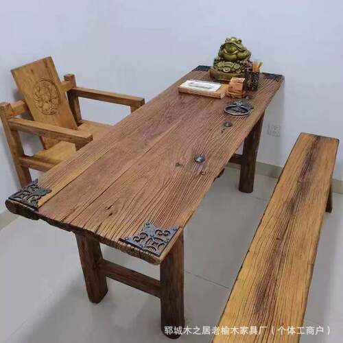 老榆木茶桌自然纹理风化吧台桌复古民宿餐厅中式餐桌禅意茶台茶桌