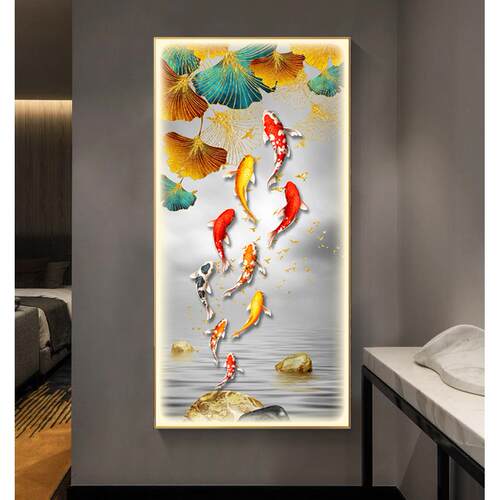 九鱼图玄关饰中式招XG-A626财玄柜壁画现代简约装LED带灯光关挂画