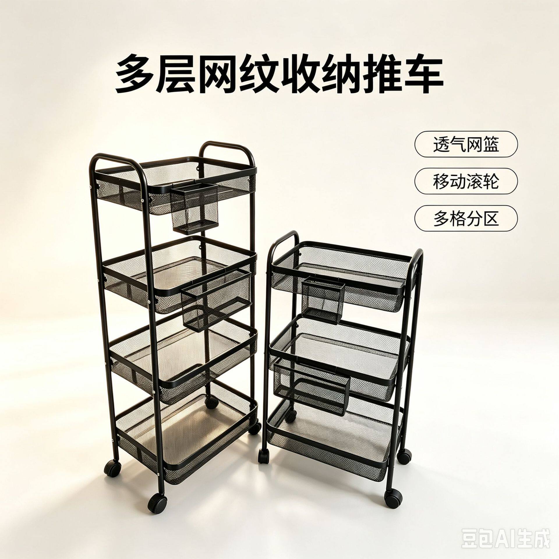 蜂网多层收纳推车网纹厨房浴室置物架带轮移动储物架铁艺整理架