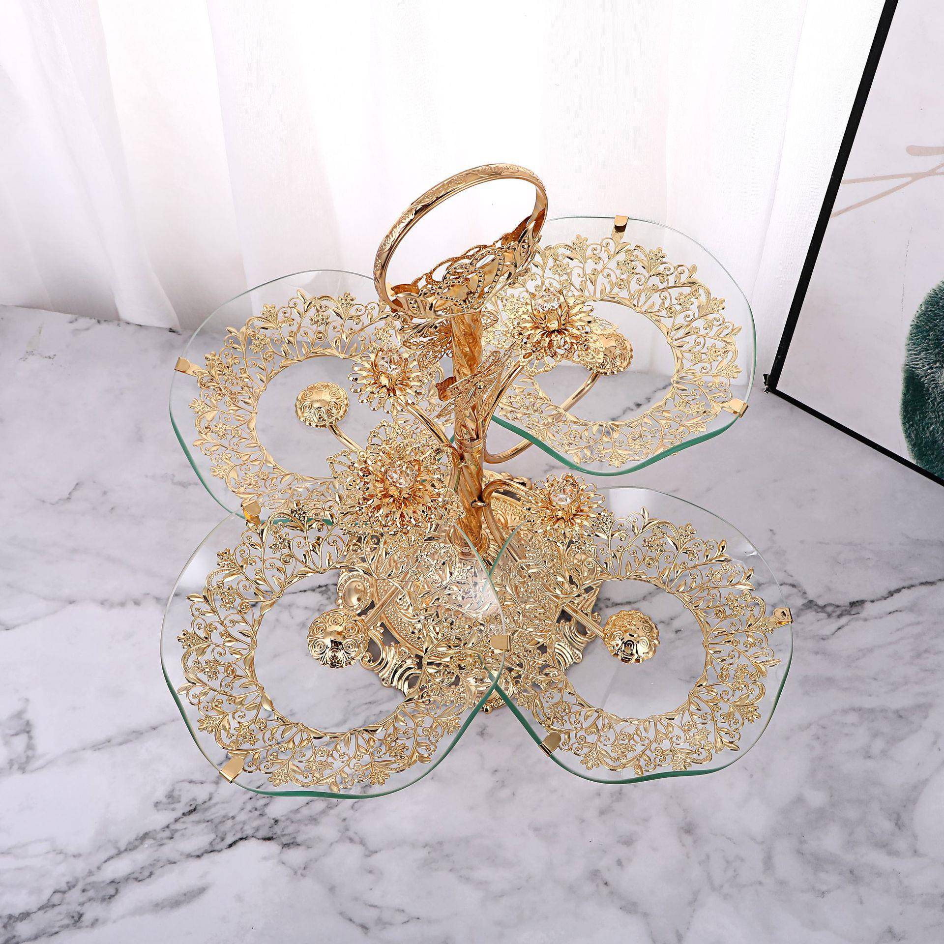 轻风创意家用AMT客奢厅酒店茶几水果晶盘钢玻璃多化层欧式水果盘