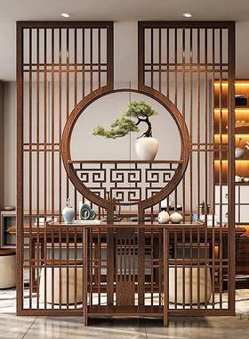实花月洞木门格新中式客厅月亮门仿VET古隔断屏风形拱门博古架圆