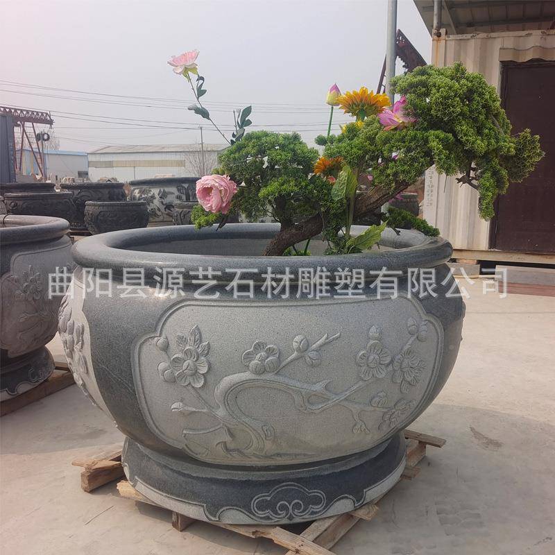 石雕荷花缸青石海花岗岩水池鱼造景石门缸别墅x081老庭院石槽摆件