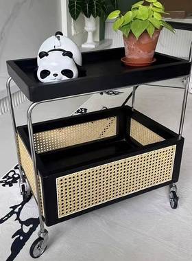 移边中古风流年小茶推车收纳PRV实木几客厅沙发藤编置物柜可动边
