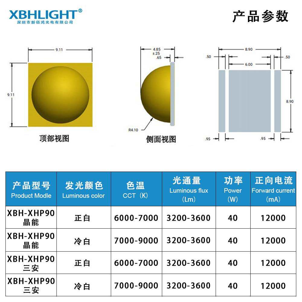 陶瓷9090贴片LED灯珠40W大功率超高亮低光衰白光手电筒 汽车光源