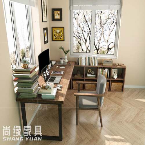 实木角书书柜一体组合书房l型cy-72464大板办公家用拐角双桌人转