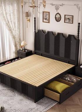 法式实木床黑色古风1卧室主卧5.8双人床现代简复约轻奢1920.储物