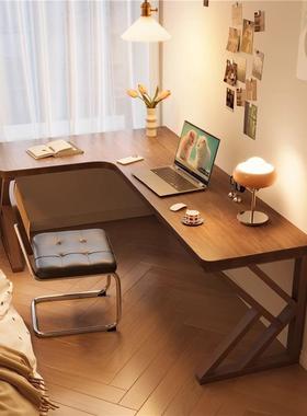 实木双人电靠脑儿桌带挡板墙l型学DUD拐角桌家用童习桌卧室转角书