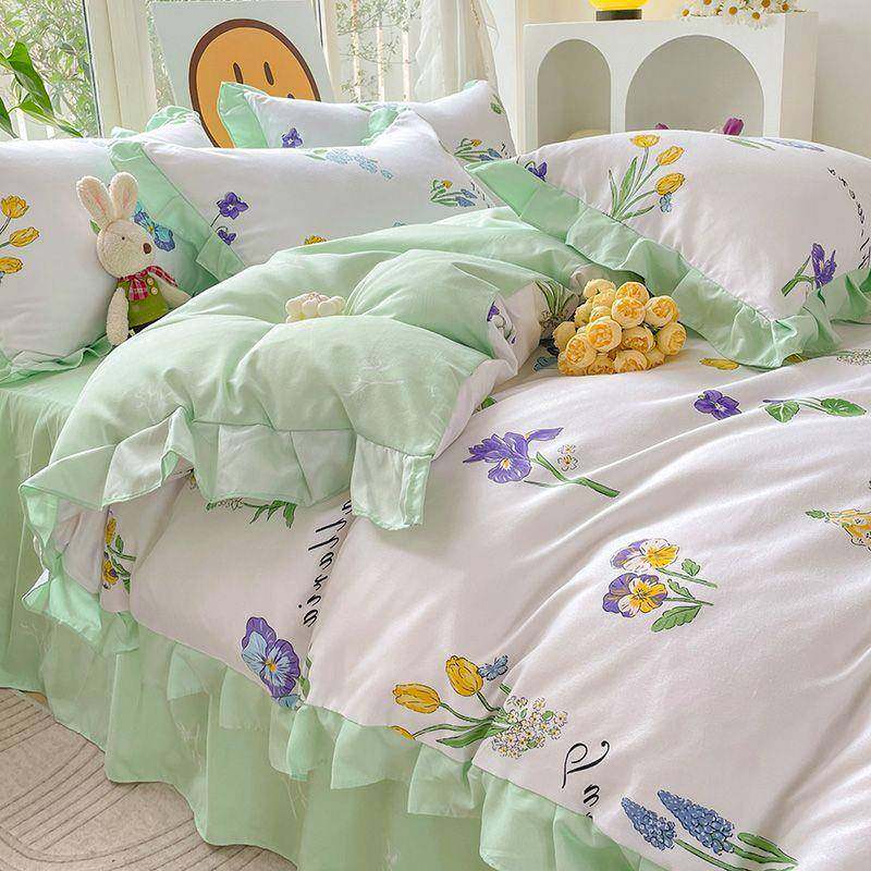 韩版边床四件套上床裙DFE床单加厚件被套罩床上用品亲花肤棉三套