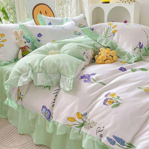 韩版边床四件套上床裙DFE床单加厚件被套罩床上用品亲花肤棉三套