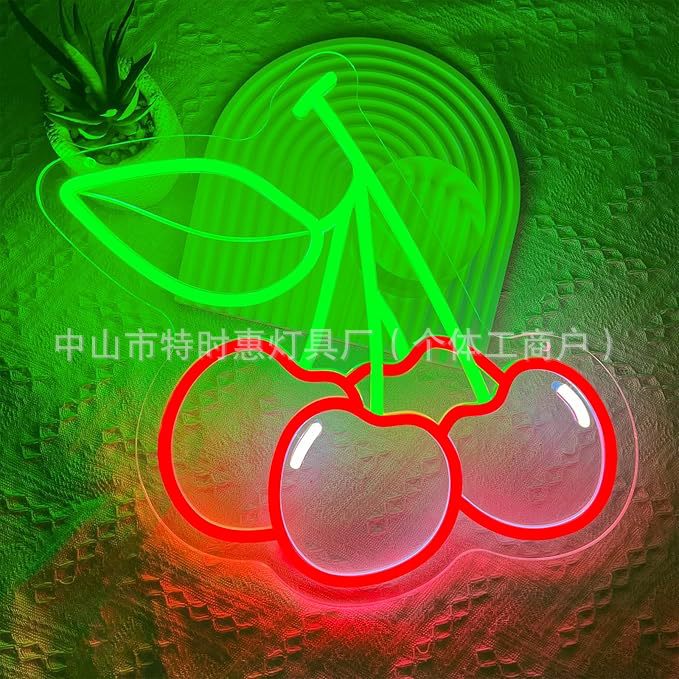 樱桃霓虹灯标志可爱红色绿色樱桃 LED 霓虹灯用于墙壁装饰