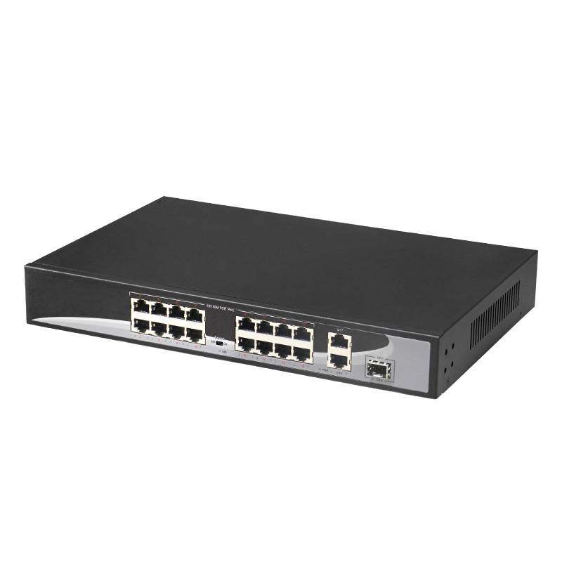 标准百兆16口POE交换机300W功率250米传输2个千兆网口1千兆SFP光