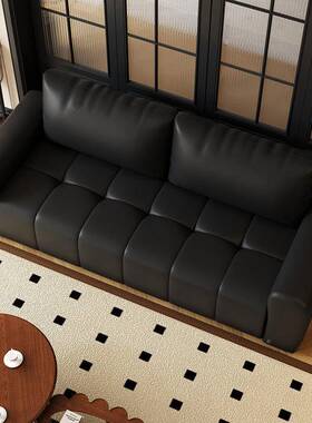 BJS式极简黑色皮艺发沙家用客厅轻奢复古小户型公寓房间直意沙排