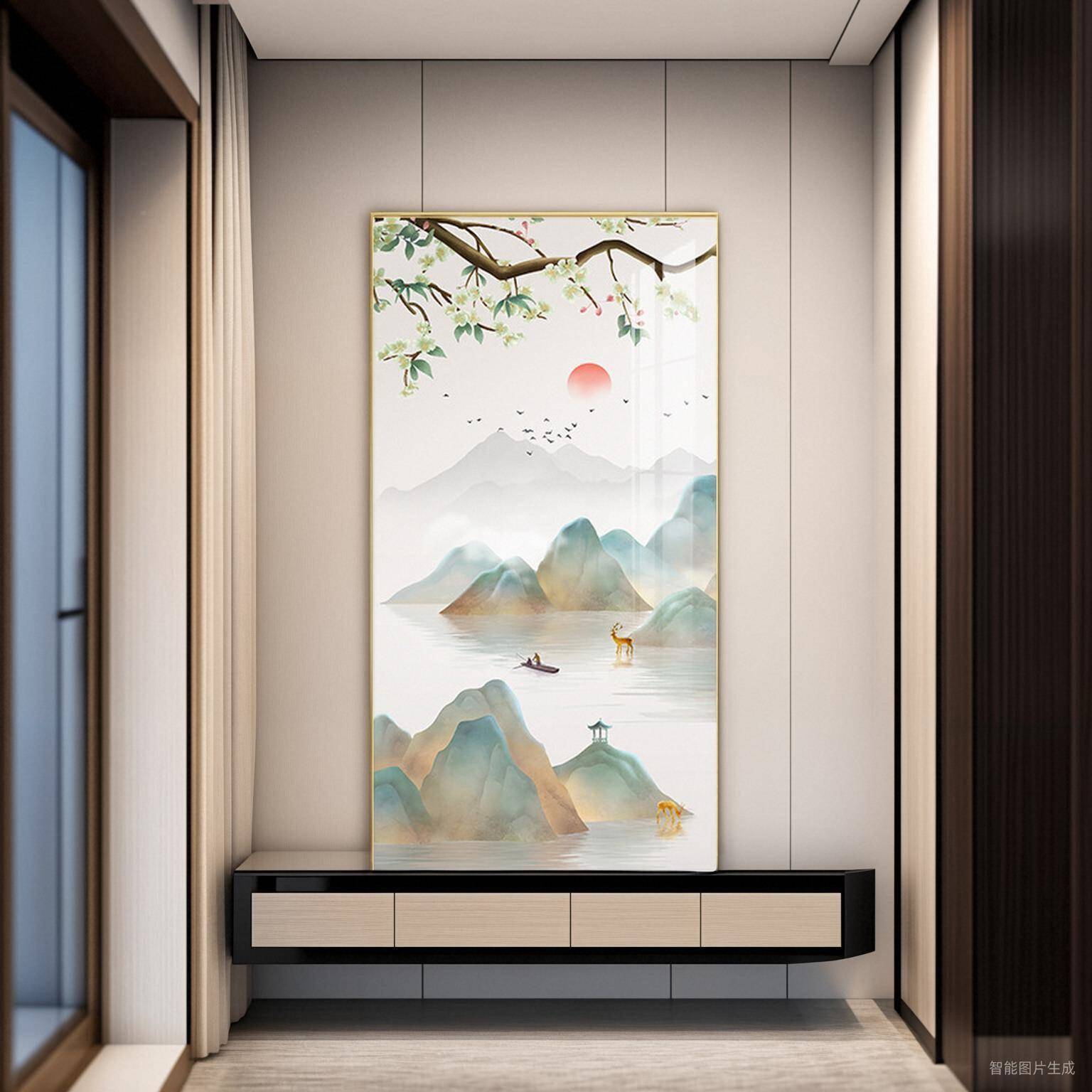 新中玄KJD关装饰画千式里江高档山水壁画入户走廊道挂画大山气过