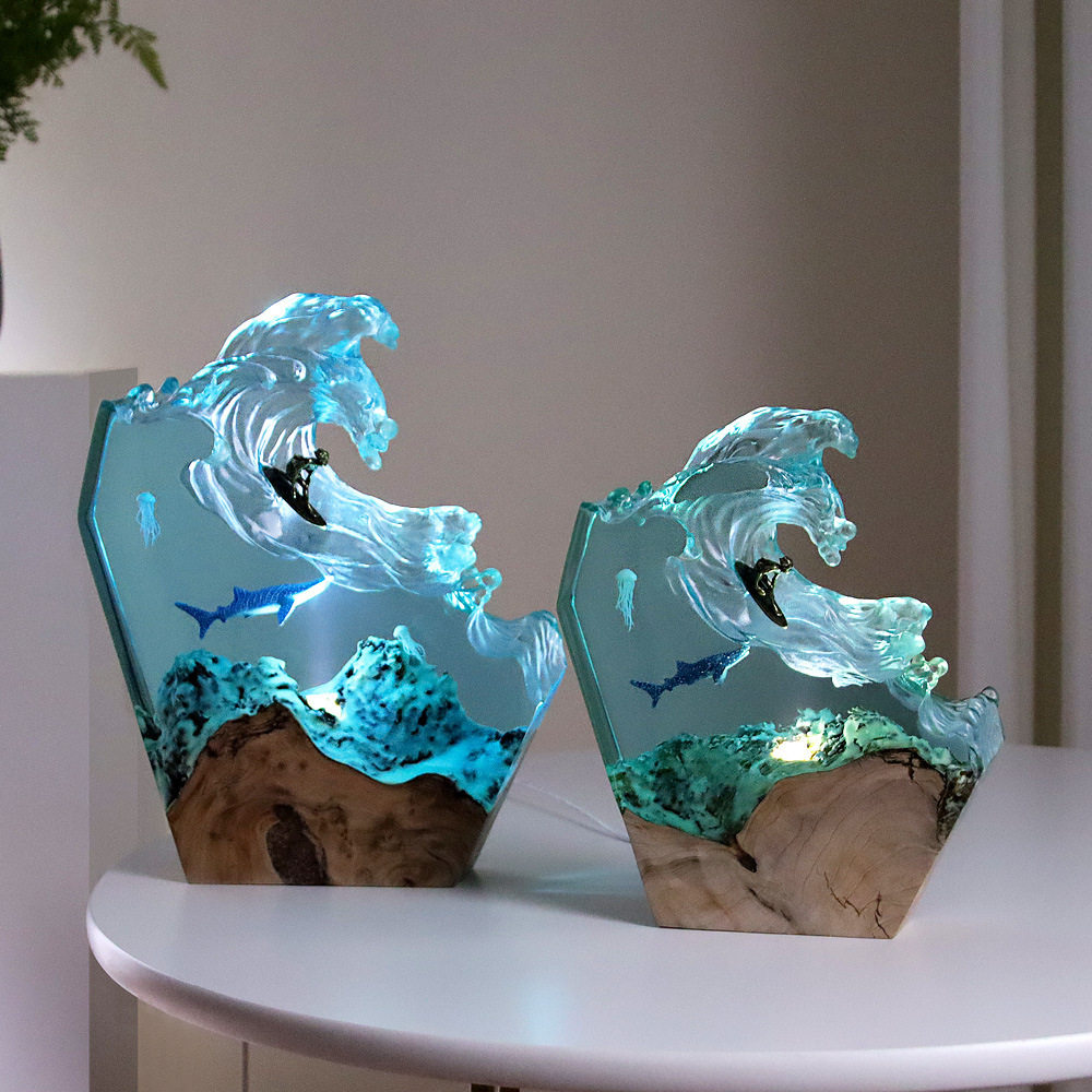 海洋鲸鱼海浪树脂灯桌面摆件