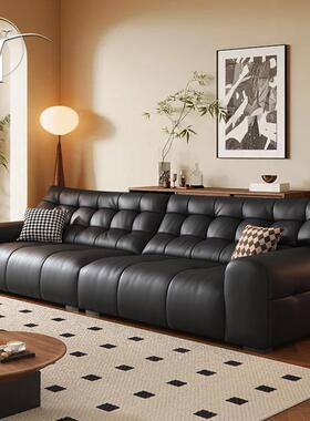 法式复古大黑熊现代简沙发ZKE古风客厅三中位四人极直排黑色皮艺