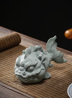 中式创意鱼化龙一对茶宠摆件青砂石精品鱼缸造景桌面书房乔迁礼品