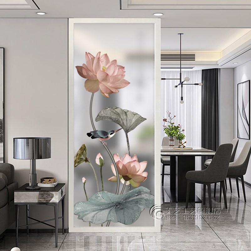 艺术玻璃屏风隔断现代简约风格玄关背景磨砂透光面钢化工艺荷花