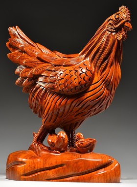 花梨木雕母鸡摆件动物雕刻十二生肖鸡家居客厅店铺装饰红木工艺品