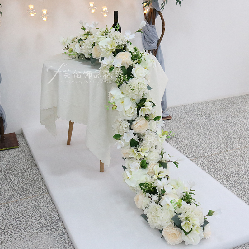 仿真花艺装饰婚礼挂花条花拖尾店铺橱窗挂饰花排长条舞台插花成品