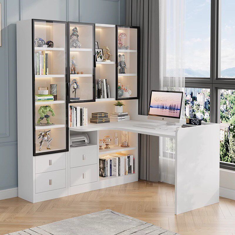 豪厦实木转角书桌书架一体组合家用学生学习写字桌台式办公电脑桌