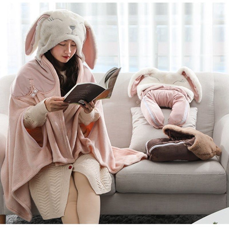 披肩法兰绒U型枕折叠可穿式可爱男女办公室学生懒人枕午睡盖毯