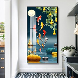 九鱼图入户正对门走廊玄关装饰画麋鹿葫芦生财聚财挂画背景墙壁画