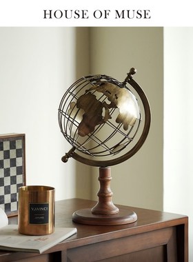 缪斯家旧影欧式覆古地球仪摆件桦木古铜色办公室书房书柜装饰品