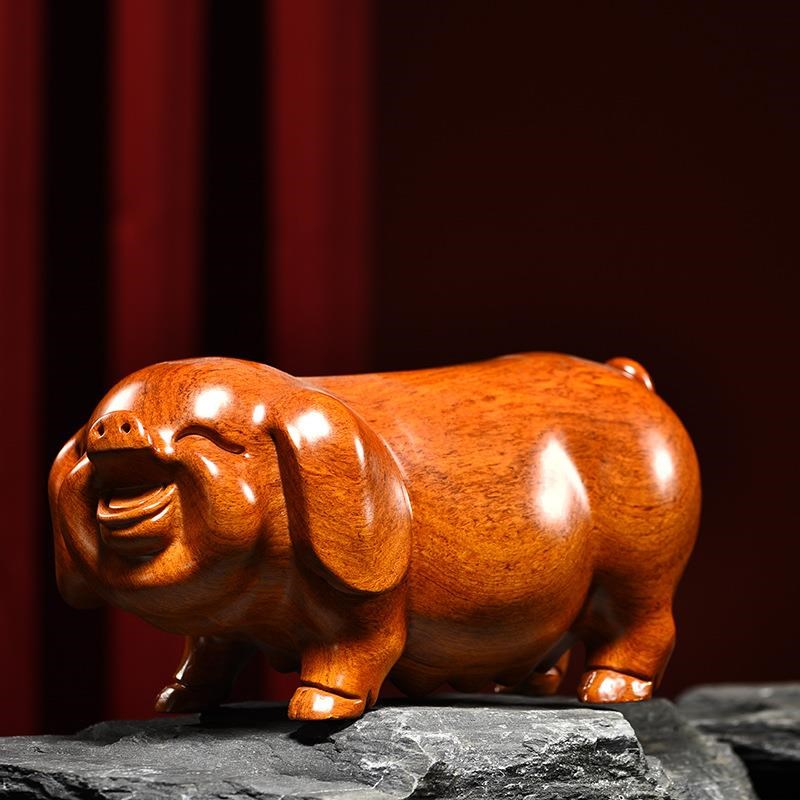木雕摆件小猪实木头质雕刻动物生肖家居中式客厅办公桌面工艺礼品