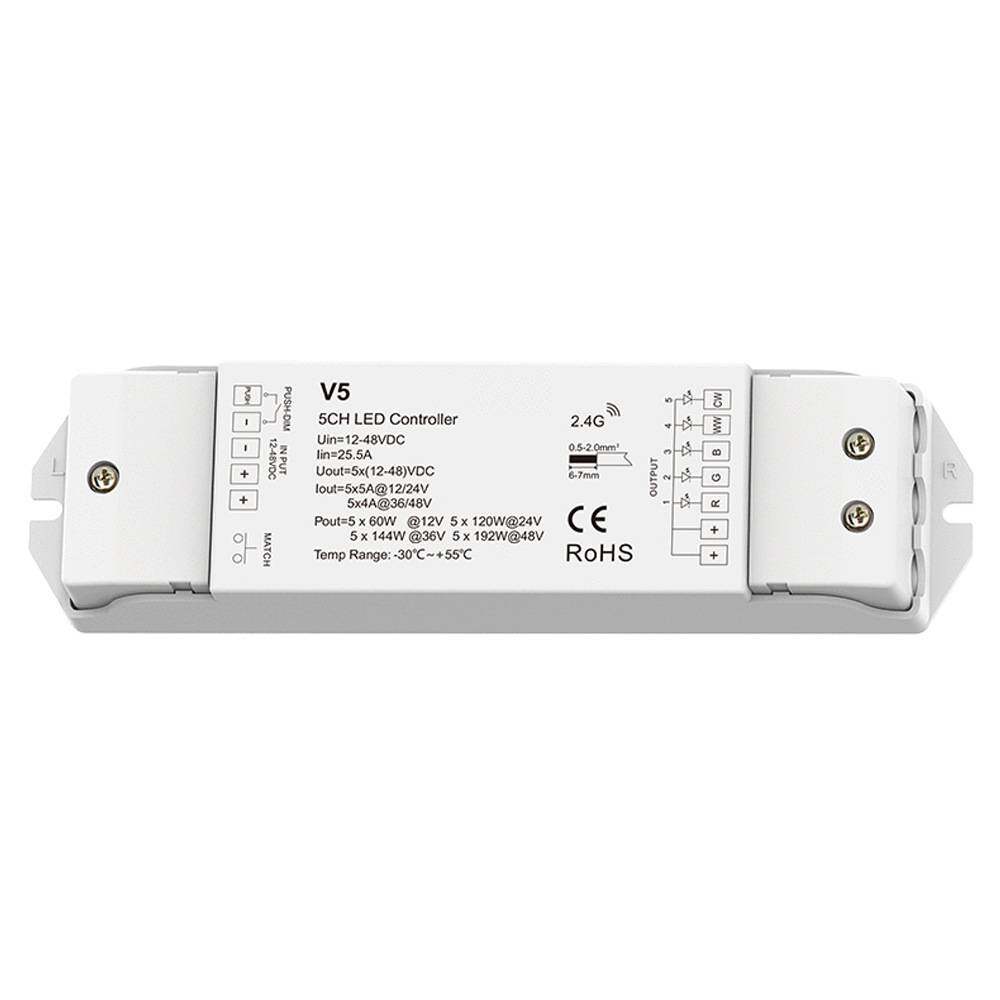M5 12-24V RGB+CCT五通道LED控制器10动态模式信号自动转发认证