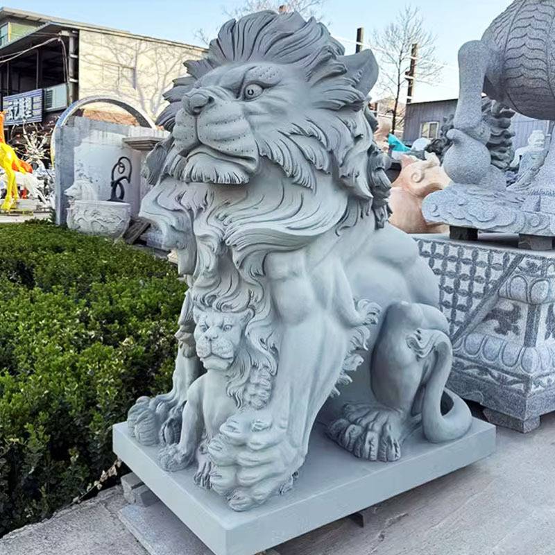 石雕欧式狮子一对晚霞红青石汇丰趴狮汉白玉门口大型动物雕塑摆件