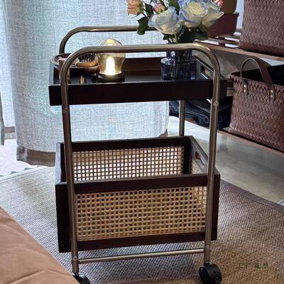 实木可移CYS动边收纳中古小推几客厅藤茶几储物置车物架编复古餐