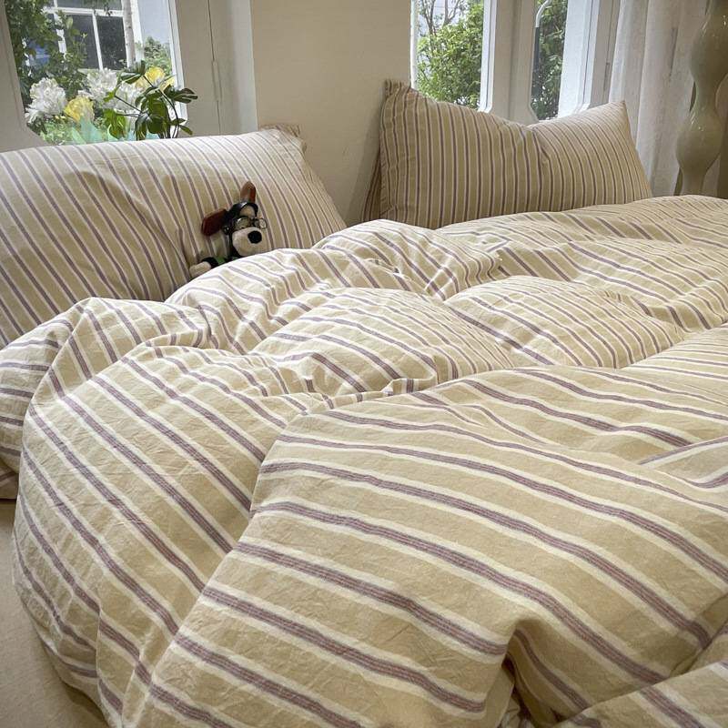 简约男生全棉布料条纹格子被套四件套南通家纺纯棉学生床单三件套