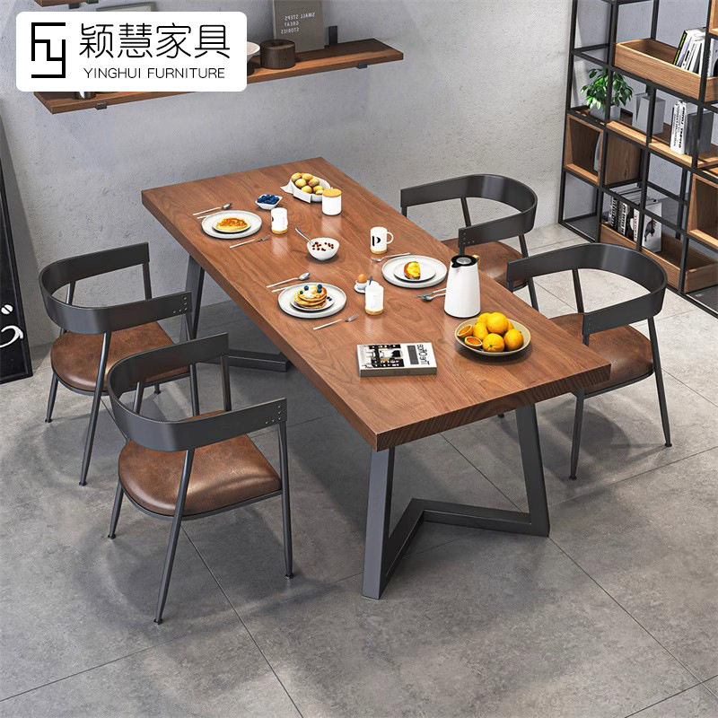 工业风铁艺实木快餐烧烤店餐桌椅组合长方形饭店餐厅面馆桌子商用